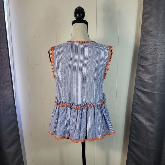 THML Blue White Stripe Pom Pom Peplum Cotton Blouse Size Medium - Picture 5 of 5